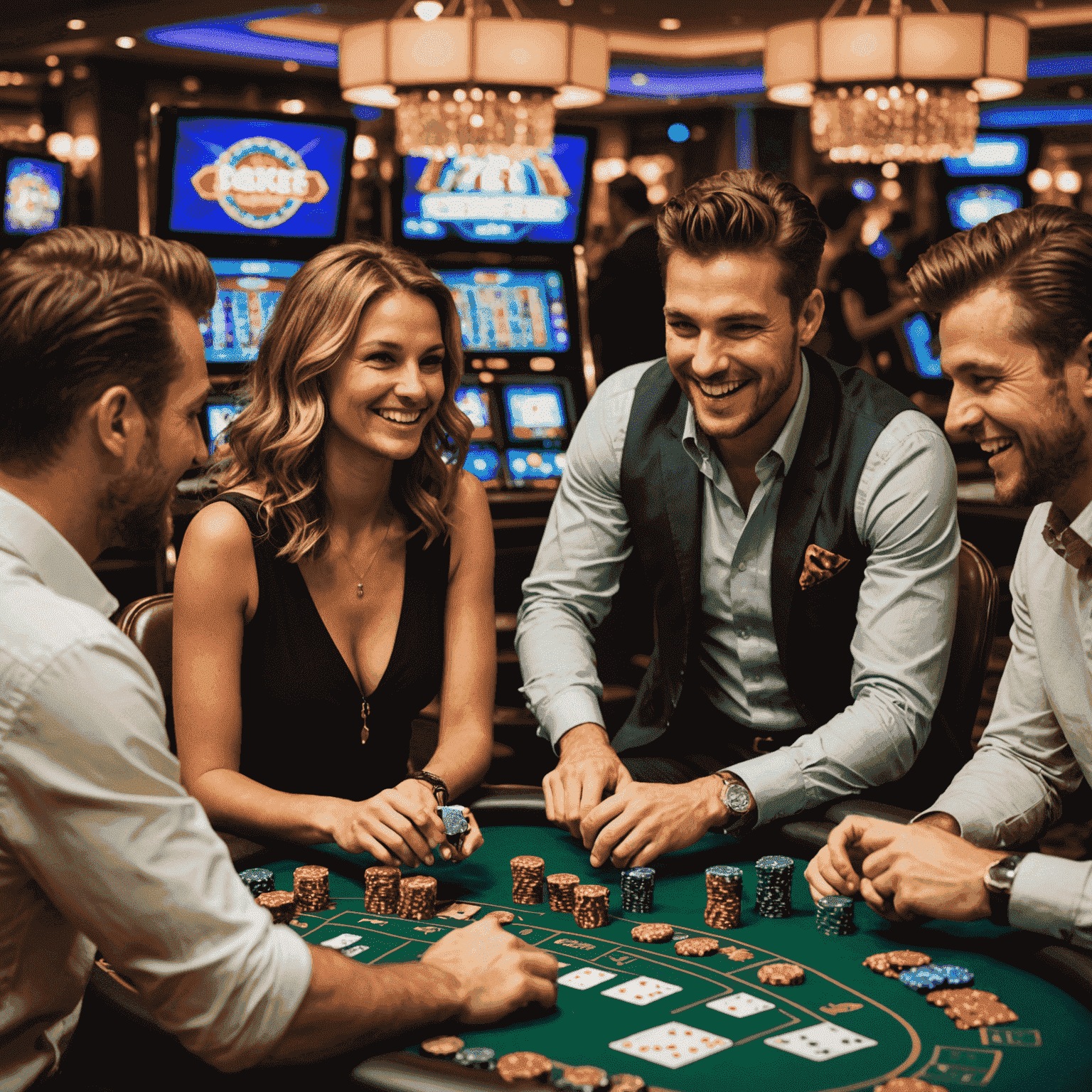A group of friends enjoying a virtual casino night, laughing and interacting through their computer screens. The image shows various casino games like poker, roulette, and slots on their displays.